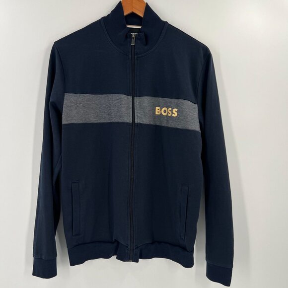 BOSS Men's Medium Navy Blue Zip Up Sweatshirt Cotton Blend Athletic Loungewear - Picture 1 of 9